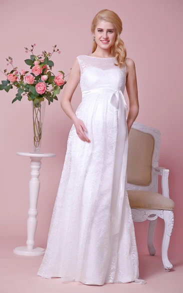 Lace Cap-Sleeved Maternity Wedding Dress with Bateau Neck and Satin Bow