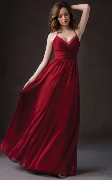 Floor-Length Sleeveless Bridesmaid Dress with Jewels and Pleats