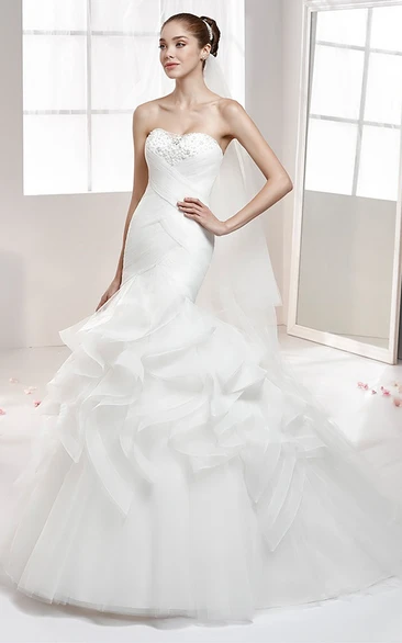 Crisscross Waist Mermaid Wedding Dress with Ruffled Skirt and Strapless Design