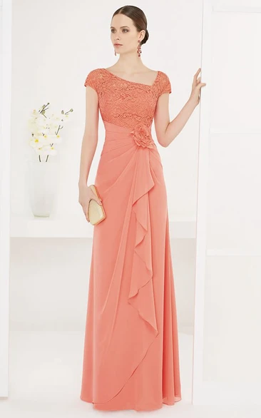 Chiffon Long Dress with Lace Cap-Sleeves and Side Drape Bridesmaid Dress