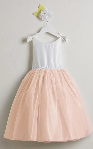 Sleeveless Tea-Length Tulle and Satin Flower Girl Dress with Bow