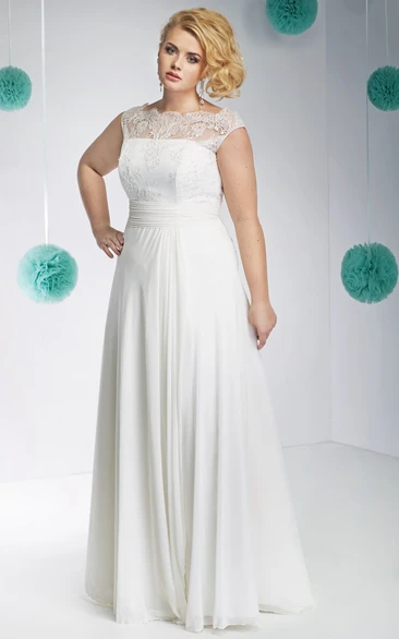 Plus Size Lace Bateau-Neck Wedding Dress with Cap Sleeves