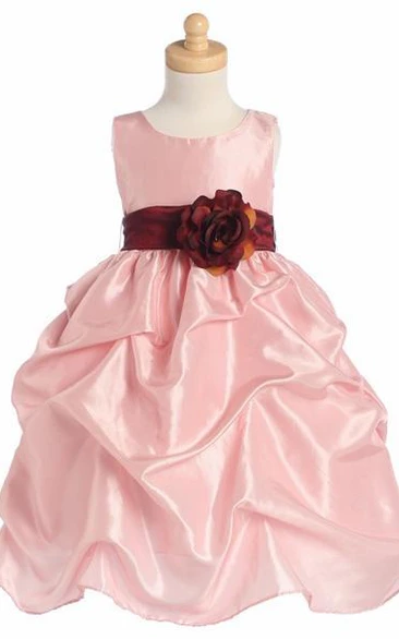 Ruched Taffeta Floral Tea-Length Flower Girl Dress with Ribbon