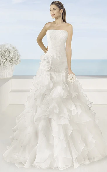 Organza Strapless Wedding Dress A-Line with Ruched Long Sleeves and Cascading Ruffles