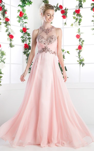 A-Line Sleeveless Chiffon Illusion Prom Dress with Ruching and Beading