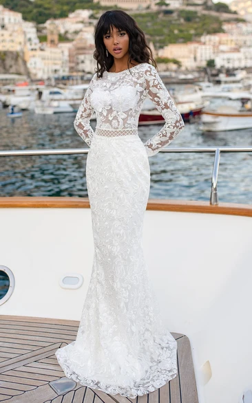Trumpet Sequins Illusion Sleeve Wedding Dress with Low-V Back Modern Wedding Dress