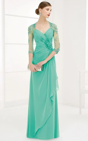 Floor-Length Chiffon Prom Dress with Ruched V-Neck and Half-Sleeves Simple Evening Dress