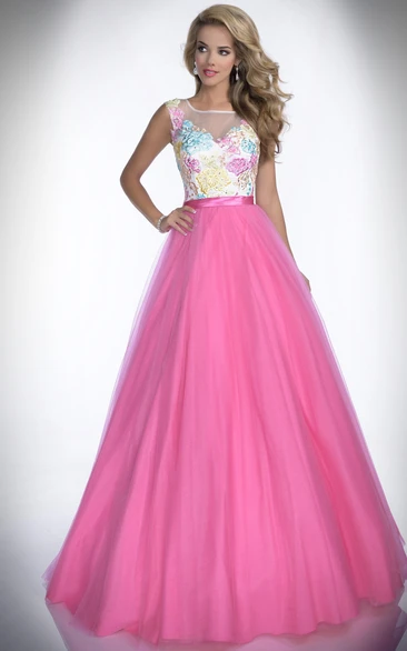 A-Line Tulle Prom Dress with Embroidered Bodice and Bateau Neck Embroidered Bateau Neck Tulle Prom Dress