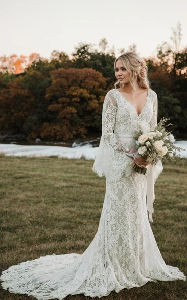 Modest Plus Size V-neck Wedding Dress Open Back with Petal Lace Long Sleeve