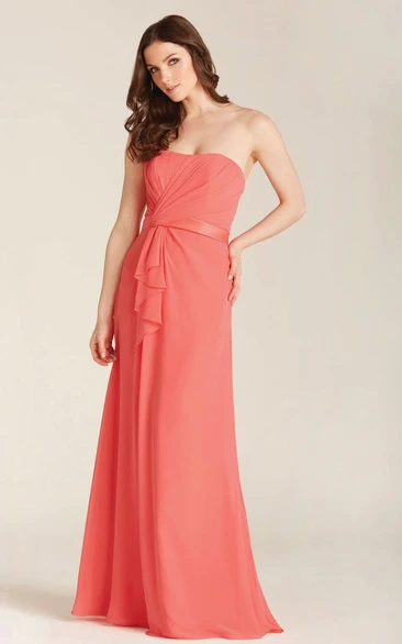 Floor-Length Strapless Chiffon Bridesmaid Dress with Draping and Lace-Up Back