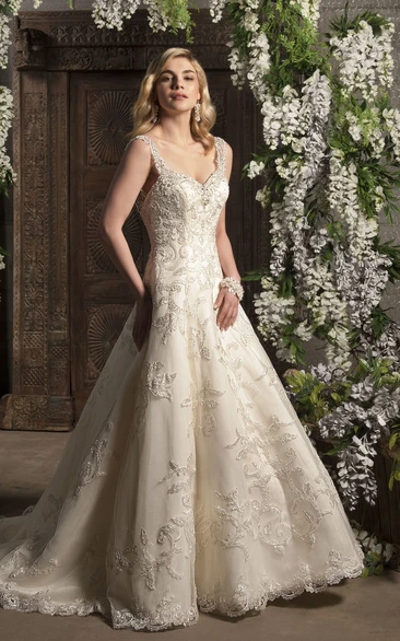 A-Line Beaded Lace Wedding Dress Maxi V-Neck Sleeveless 2024 Women's Elegant