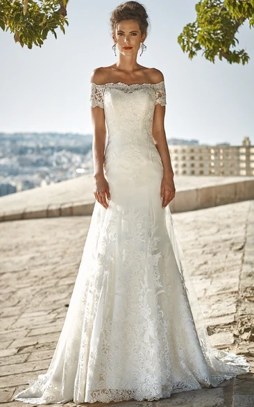 Off-The-Shoulder Lace Wedding Dress with Floor-Length Hem