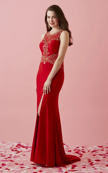 Sleeveless Jersey Illusion Formal Dress with Appliques Sheath Scoop-Neck