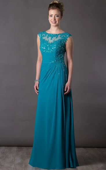 Chiffon A-Line Mother of the Bride Dress with Appliques and Sequins Long Cap Sleeve