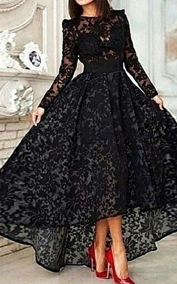Elegant Black Lace Prom Dress Long Sleeve & Jewel Neckline