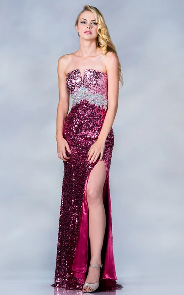 Sequin Backless Formal Dress with Split Front and Beading