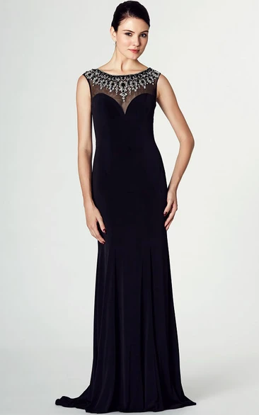 Sleeveless Beaded Bateau Neck Jersey Prom Dress with Brush Train Elegant Prom Dress 2024