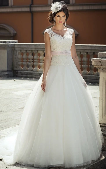 V-Neck Tulle Ball Gown Wedding Dress with Cap Sleeves and Waist Jewellery