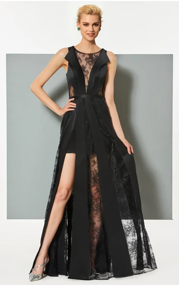 Sexy Satin and Tulle Sheath Dress with Bateau Neckline and Front Split