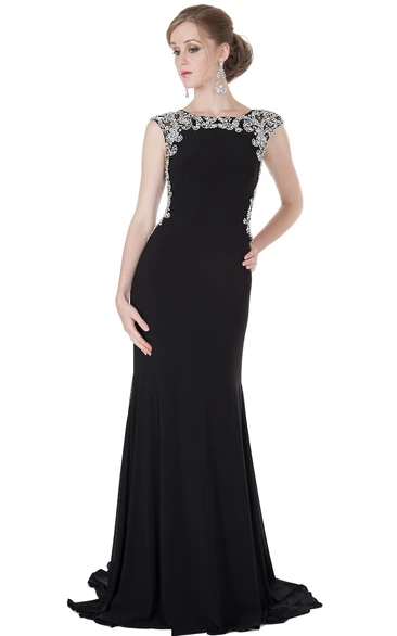 Beaded Chiffon Cap-Sleeve Scoop-Neck Prom Dress with Brush Train