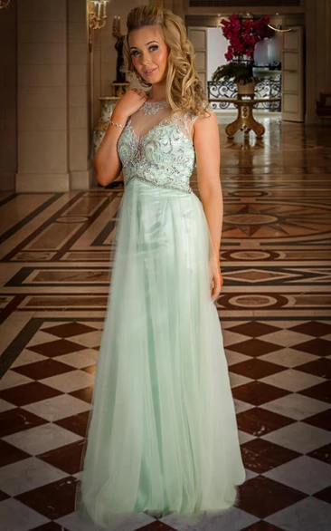 Cap-Sleeve Jewel-Neck Beaded Tulle Prom Dress with Pleats Sheath Floor-Length Unique Sequins