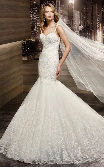 Mermaid Wedding Dress with Sweetheart Neckline Court-train Lace Straps Open Back