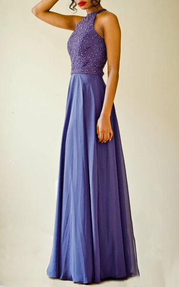 Flowy Chiffon Halter Bridesmaid Dress with Beading