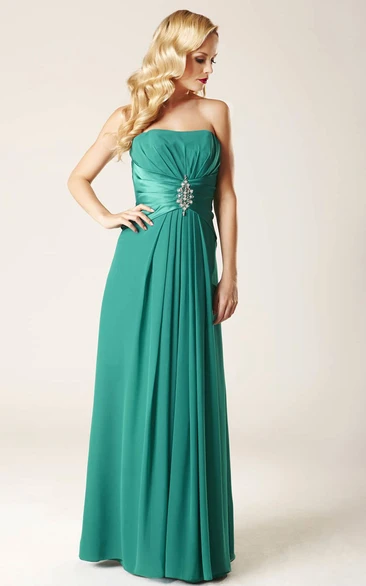 Chiffon Strapless Bridesmaid Dress with Ruching Waist Jewelry and Corset Back Long Flowy Dress