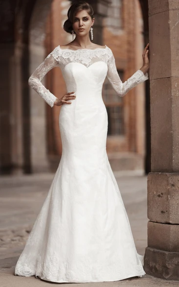 Long-Sleeve Lace Appliqued Mermaid Wedding Dress with Bateau Neck