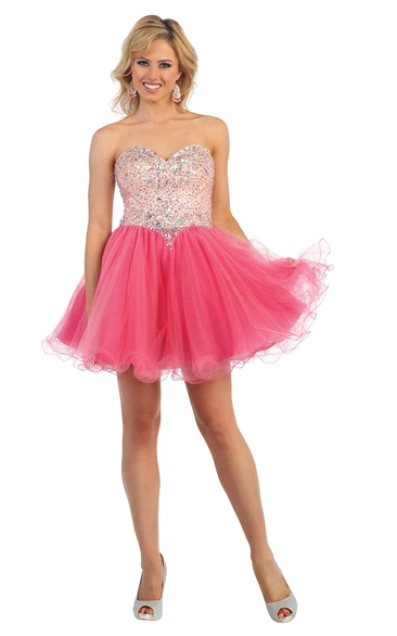 Backless Tulle A-Line Party Dress with Sweetheart Neckline and Ruffles