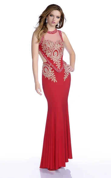 Rhinestone Mermaid Sleeveless Jersey Prom Dress with Keyhole Back