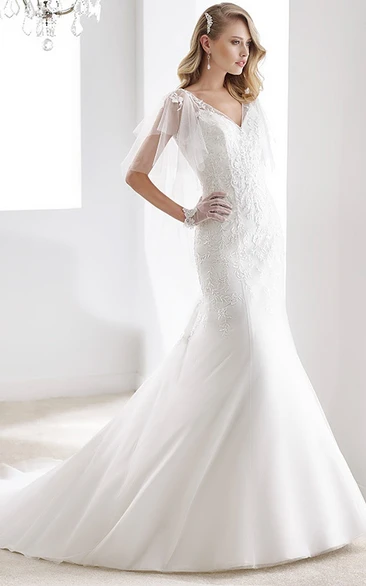 Open Back Sheath Mermaid Wedding Dress with Cape Sleeves and V-Neck