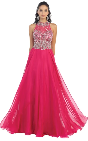 Chiffon Jewel-Neck A-Line Dress with Beading and Pleats Flowy Bridesmaid Dress