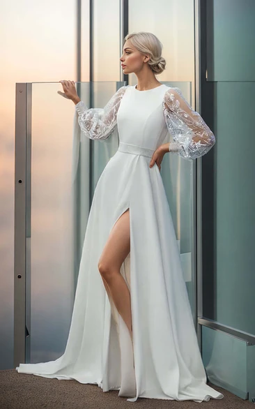 Simple Elegant Satin Tulle A-Line Jewel Neck Wedding Dress Sexy Solid Long Puff Sleeve Split Front Floor-length Bridal Gown with Sash Train Button Back