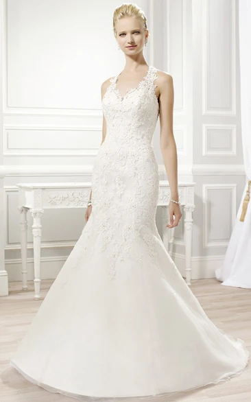 Trumpet Lace&Satin Wedding Dress with V-Neckline and Illusion Back Modern Bridal Gown