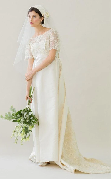 Satin A-Line Vintage Wedding Dress Bateau Neckline Watteau Train