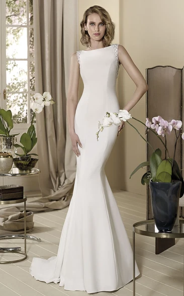 Beaded Sleeveless Sheath Wedding Dress with Bateau-Neck and Floor-Length
