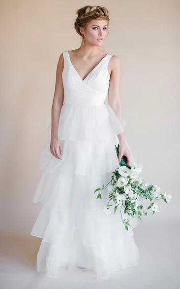 Organza V-Neck Wedding Dress Sleeveless Tiers & Backless Design Elegant