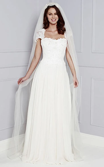 Square-Neck Lace and Chiffon Wedding Dress with Pleated Floor-Length Skirt