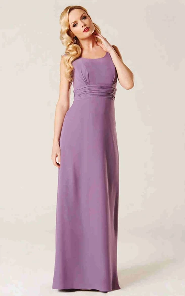 Sleeveless Chiffon Ruched Scoop Neck Bridesmaid Dress with Illusion Back