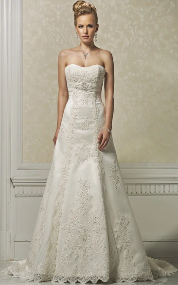 Strapless Lace & Satin Wedding Dress Appliqued A-Line Floor-Length Gown