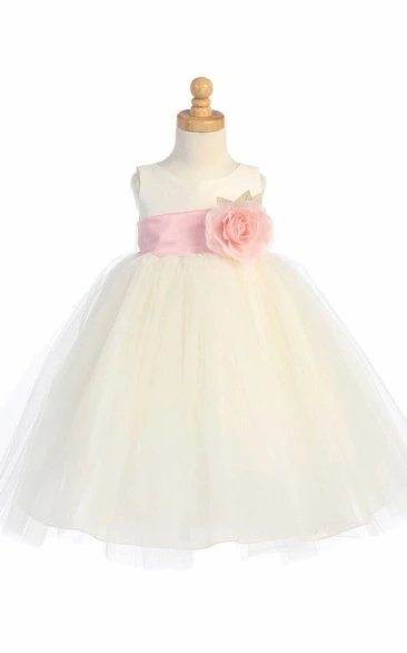 Flower Girl Tea-Length Tulle Dress with Tiered Skirt