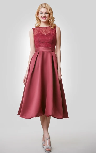 Satin Tea Length Bridesmaid Dress A-Line with Lace Bodice and Scoop Neck