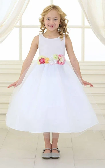 Tiered Satin & Tulle Flower Girl Dress with Tea-Length Hem