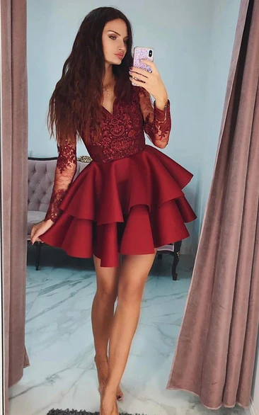 Casual A Line Satin Lace Homecoming Dress with V-neck Long Sleeve and Ruffles