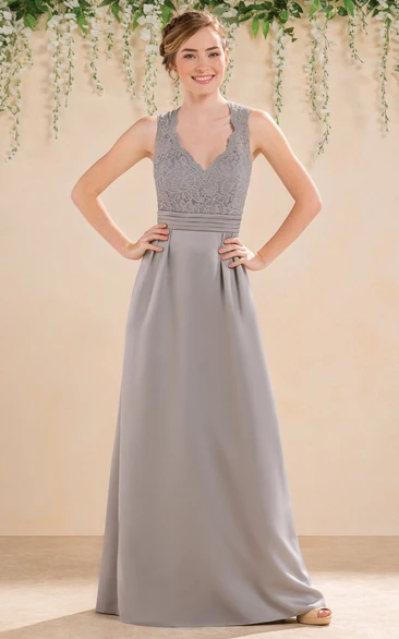 Lace Bodice V-Neck Bridesmaid Dress A-Line Sleeveless