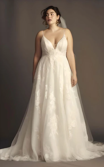 Plus Size A-Line Wedding Dress Lace Tulle Sleeveless Appliques Spaghetti Boho Romantic Elegant 2024