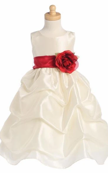 Ruched Taffeta Flower Girl Dress with Floral Print Tea-Length