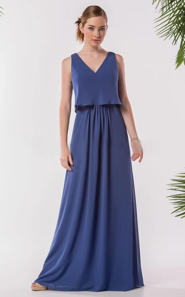 V-Back Sleeveless A-Line Bridesmaid Dress with V-Neck