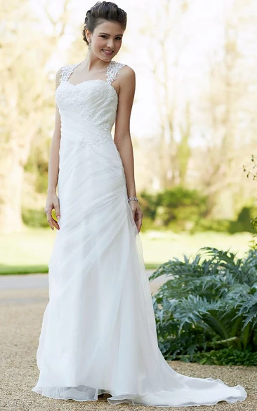 Maxi Chiffon Wedding Dress with Queen Anne Neckline and Illusion